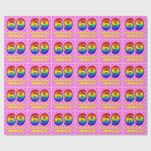 69e verjaardag: Roze strips & harten, regenboognr. Cadeaupapier (Vlak)