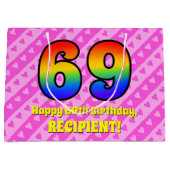 69e verjaardag: Roze strips & harten, regenboognr. Groot Cadeauzakje (Voorkant)