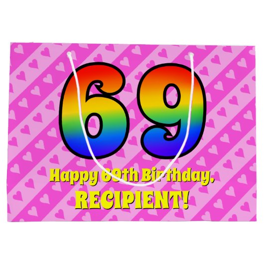 69e verjaardag: Roze strips & harten, regenboognr. Groot Cadeauzakje (Achterkant)