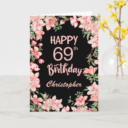 69e verjaardag Roze Waterverf Floral Black Kaart (Gele Bloem)