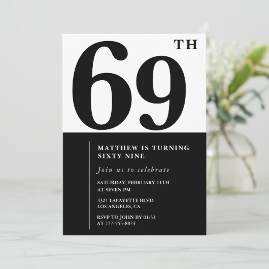 69e verjaardag uitnodigingen Zwart en Wit Elegant (Staand voorkant)