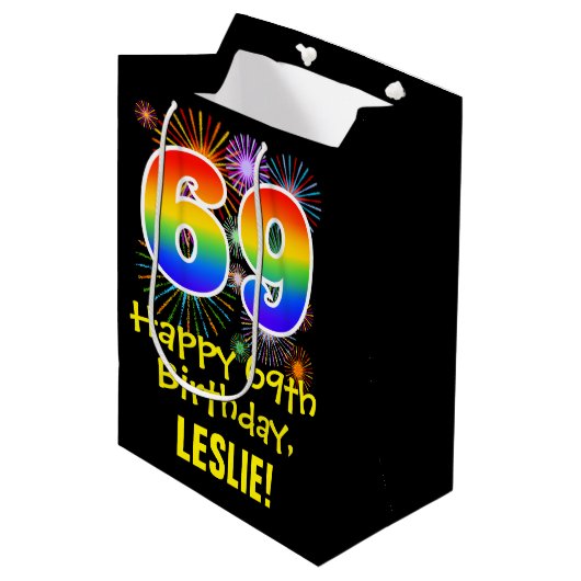 69e verjaardag: Vuurwerk Fun Pattern + Regenboog 6 Medium Cadeauzakje (Voorkant Gekanteld)