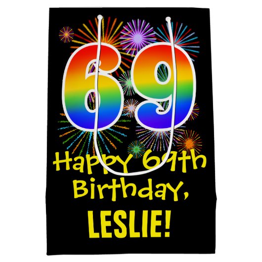 69e verjaardag: Vuurwerk Fun Pattern + Regenboog 6 Medium Cadeauzakje (Achterkant)