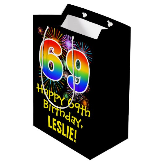 69e verjaardag: Vuurwerk Fun Pattern + Regenboog 6 Medium Cadeauzakje (Achterkant Gekanteld)