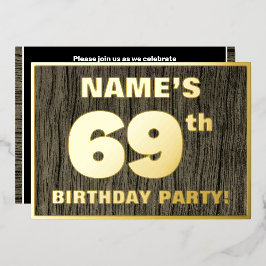 69e Verjaardagsfeest: Krachtig, Nep Houtnerfpatroo Folie Uitnodiging