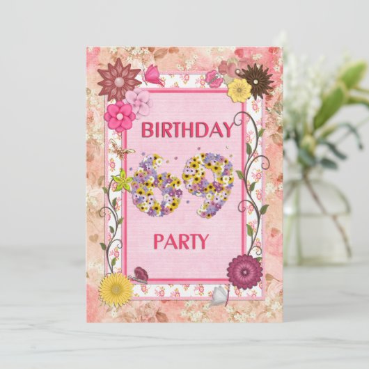 69e verjaardagsfeest met bloemenfeest lijst kaart (Staand voorkant)