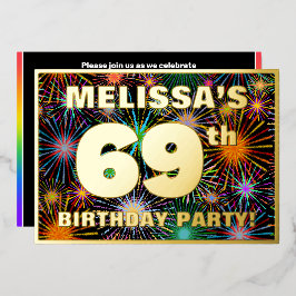 69e Verjaardagsfeest — Pret, Kleurrijke Vuurwerk U Folie Uitnodiging