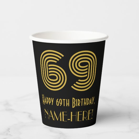 69ste verjaardag: Art Deco Geïnspireerde look "69" Papieren Bekers (Voorkant)