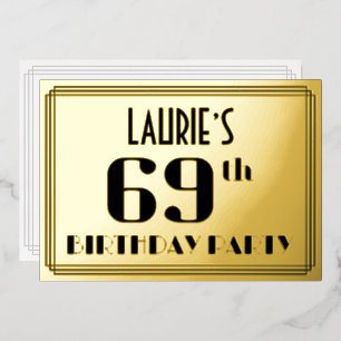 69ste verjaardag: Art Deco Kijk "69" en naam Folie Uitnodiging