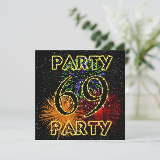 69ste verjaardag uitnodiging met vuurwerk (Staand voorkant)
