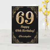 69th Birthday Black en Gold Glitter Lijst Kaart (Gele Bloem)