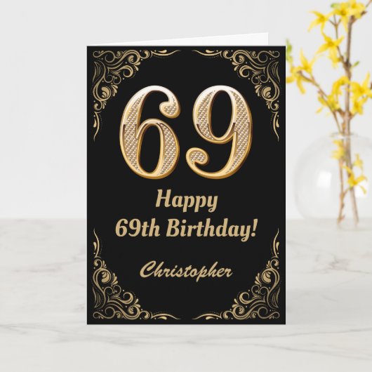69th Birthday Black en Gold Glitter Lijst Kaart (Gele Bloem)