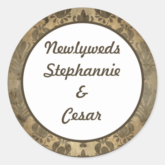 6 - 3"Favor Stickers Bruin Damask (Voorkant)