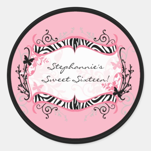 6 - 3" Favor Stickers Girly Butterfly Zebra Print (Voorkant)
