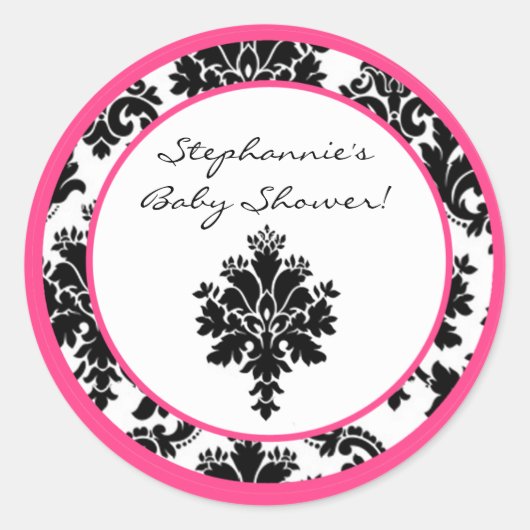 6 - 3" Favor Stickers Hot Roze Zwart Damask (Voorkant)