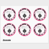 6 - 3" Favor Stickers Hot Roze Zwart Damask (Vel)