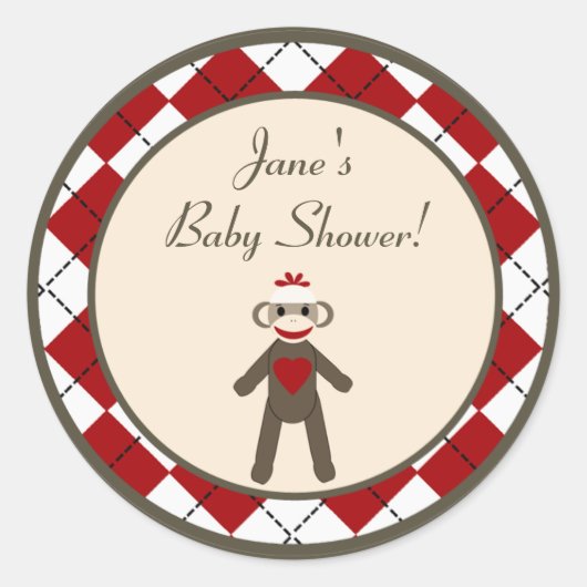 6 - 3" Favor Stickers Red Sock Monkey Argyle (Voorkant)