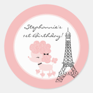 6 - 3" Favor Stickers roze poedel in Parijs