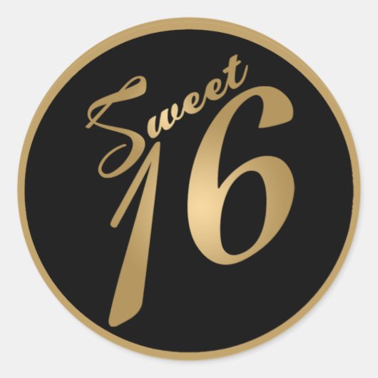 6 - 3" Favor Stickers Sweet 16 Gold Black (Voorkant)
