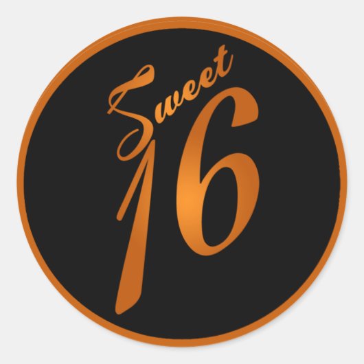 6 - 3" Favor Stickers Sweet 16 Sinaasappel Zwart (Voorkant)