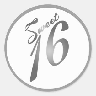 6 - 3" Favor Stickers Sweet 16 White Silver Party