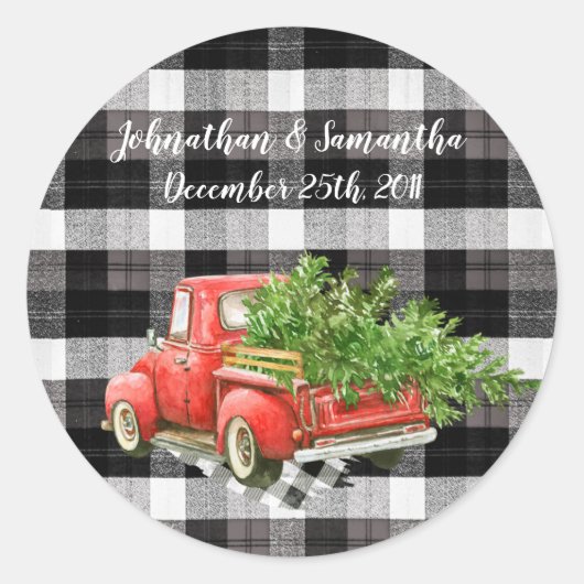 6 - 3"Favor Stickers XMAS Truck Baffalo Plaid Bl (Voorkant)