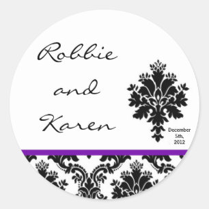 6 - 3"Favor Stickers Zwart Paarse Damask Kant