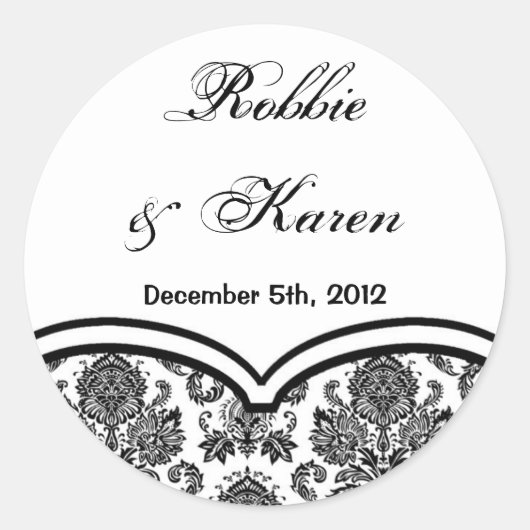6 - 3"Favor Stickers Zwart Wit Damast Kant Prin (Voorkant)