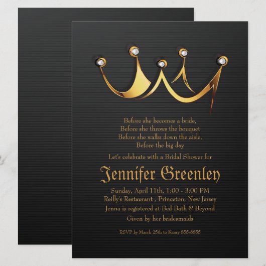 6,5 x 8,75-inch Gold Royal Queen Crown Vrijgezelle Kaart (Voorkant / Achterkant)