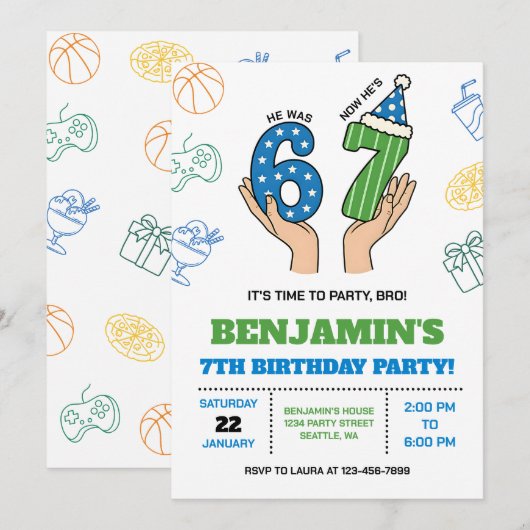 6-7 Birthday Invitation for Boys, Six Seven Meme Kaart (Voorkant / Achterkant)