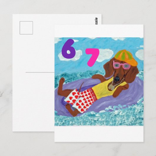 6 7 Dachshund beach bum on float Briefkaart (Voorkant / Achterkant)