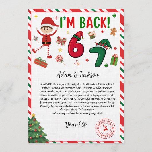 6 7 elf aankomst brief - grappige elf brief - 67 kaart (Voorkant)