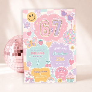 6 7 Meisje Verjaardag: Groovy Pastel Geruite Regen Kaart