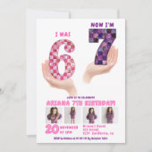 6 7 Meme Retro Pink Purple Checker Kids Birthday Kaart (Voorkant)