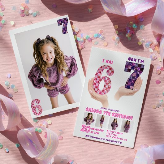 6 7 Meme Retro Pink Purple Checker Kids Birthday Kaart