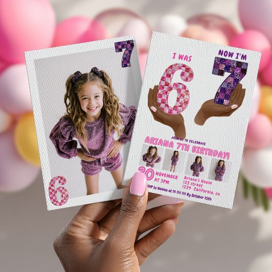 6 7 Meme Retro Roze Paarse Checker Kinderverjaarda Kaart