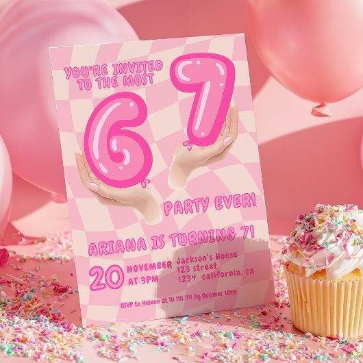6 7 Meme Trend Six Seven Birthday party Retro Pink Kaart