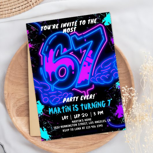 6 7 Neon Six Seven Birthday Invitation  Kaart