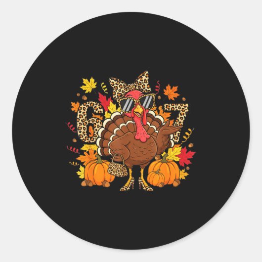 6 7 Thanksgiving Funny Leopard Bow Turkey Six Seve Ronde Sticker (Voorkant)