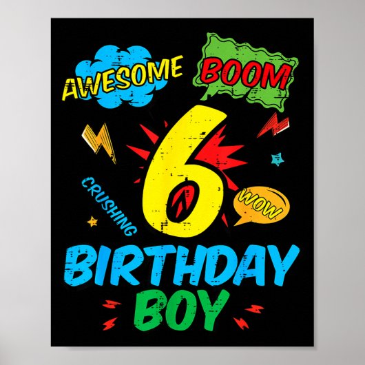 6 Birthday Boy Comic Cool 6th Bday Superhero Party Poster (Voorkant)