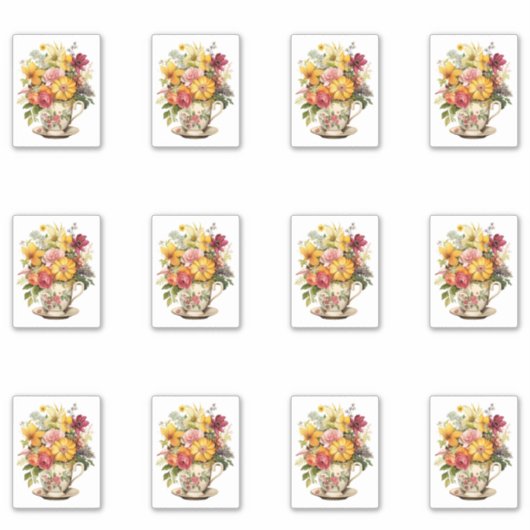 6 Bloemen in een Kopje Sticker (Voorkant)