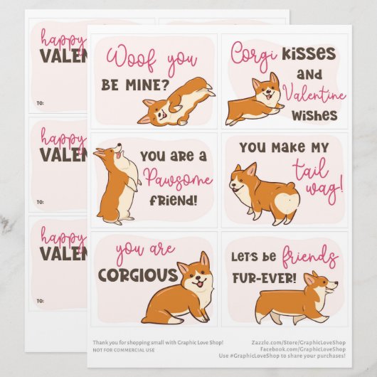 6 Corgi Dog Kinder klaslokaal Valentijnsdag Kaarte Briefhoofd (Voorkant / Achterkant)