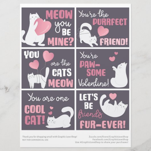 6 Cute Cat Kinder Classroom Valentijnsdag Kaarten Briefhoofd (Voorkant)