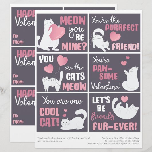 6 Cute Cat Kinder Classroom Valentijnsdag Kaarten Briefhoofd (Voorkant / Achterkant)