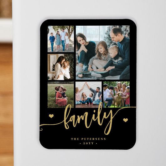 6 familiefoto collage zwart goud schrift magneet
