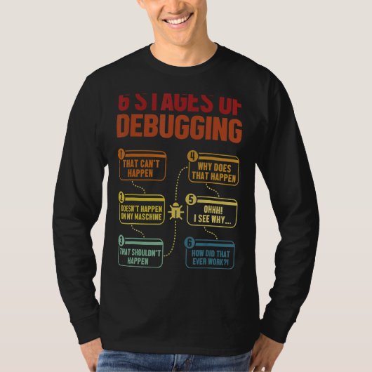 6 Fases van Debugging Software Ontwikkelaar IT Tec T-shirt (Voorkant)