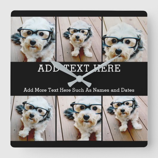 6 Foto collage 2 lijnen tekst — KAN Zwart bewerken Vierkante Klok (Voorkant)