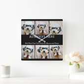 6 Foto collage 2 lijnen tekst — KAN Zwart bewerken Vierkante Klok (Huis)