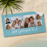 6 Foto Collage Aangepast script Tekst Licht Blauw Strandlaken<br><div class="desc">Een leuke manier om foto's van vrienden en familie weer te geven. Upload tot 6 foto's en voeg hen aan het collage toe. De achtergrond is lichtblauw, maar u kunt de achtergrond veranderen wanneer u op de pas verbinding klikt en een verschillende kleur kiest. U kunt ook een naam of...</div>