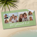 6 Foto Collage Aangepast script Tekst Licht Groen Strandlaken<br><div class="desc">Een leuke manier om foto's van vrienden en familie weer te geven. Upload maximaal 6 foto's en voeg ze toe aan de collage. De achtergrond is lichtgroen, maar u kunt de achtergrond wijzigen wanneer u op de link aanpassen klikt en een andere kleur kiest. U kunt ook een naam of...</div>